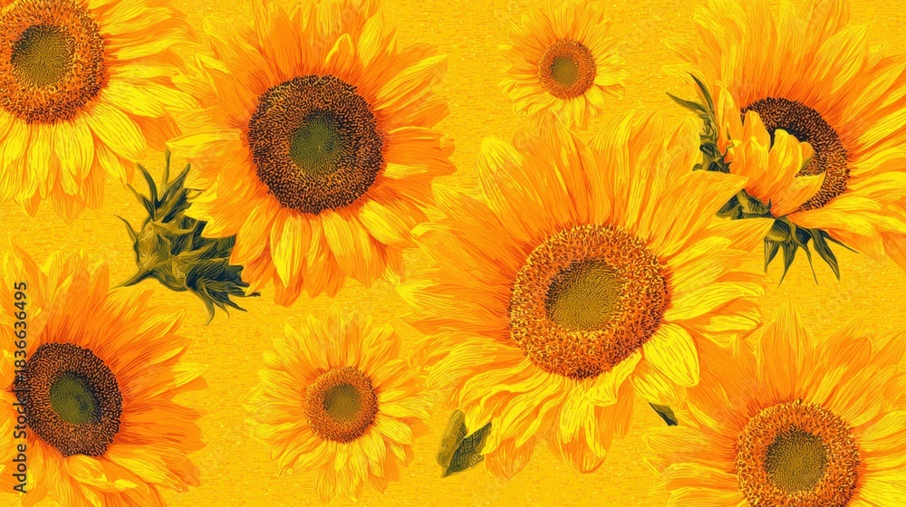 Fototapeta premium Sunflowers are beautifully arranged against a warm yellow background, highlighting their vivid colors and intricate details. This lively scene captures the essence of summer blooms.