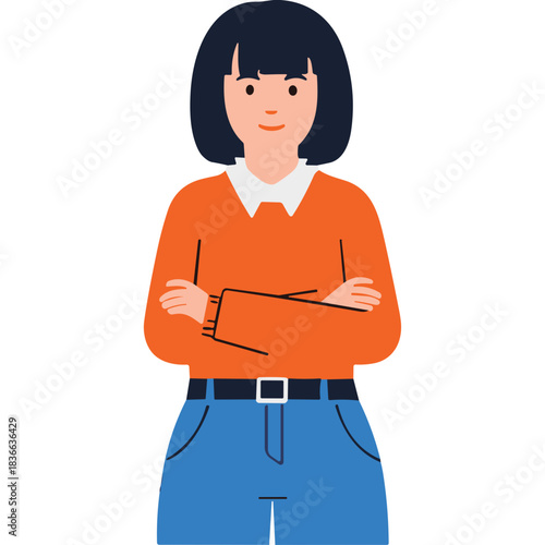 Young Woman With Short Dark Hair Wearing A White Collared Shirt Orange Sweater And Blue Jeans Standing With Arms Crossed Isolated On Black Background