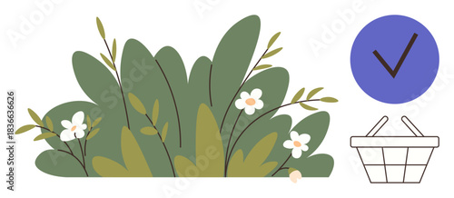 Green foliage and white flowers alongside a shopping basket and a blue check mark. Ideal for sustainability, eco-conscious shopping, nature preservation, organic products, mindfulness, environmental