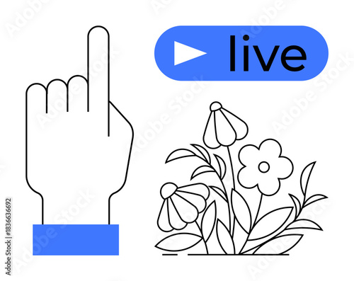 Online streaming, live broadcasts, creativity, nature, connection, digital engagement. Line drawing of a hand pointing to a play button next to flowers. Online streaming and creativity concept