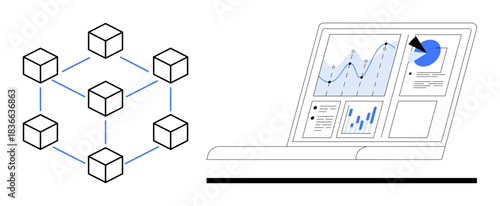 Blockchain, fintech, data visualization, analytics, business intelligence, digital transformation. A blockchain network symbol next to a laptop with graphical analytics. Blockchain and fintech usage