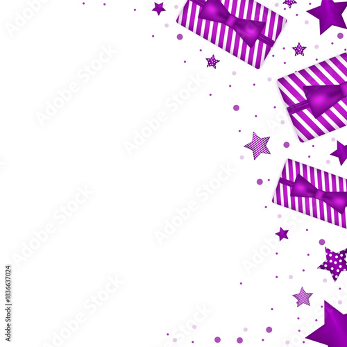 Festive banner template for Christmas, New Year, birthday, and Valentine's Day. Template with elements such as hearts, stars, and gift boxes with bows.