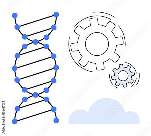 Biotechnology, bioinformatics, genetics, innovation processes, cloud computing, data analysis. Visual includes DNA strand, gears and a cloud icon. Biotechnology and cloud computing combination