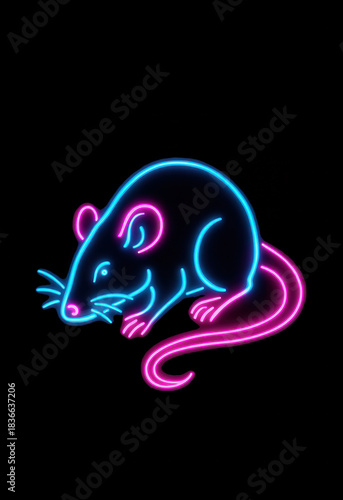 Neon glowing rat illustration in blue and pink colors on black background for modern nightlife and animal themed design