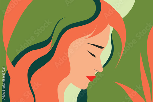 Elegant minimalist female profile illustration with long wavy orange hair and closed eyes on a soft green abstract background, modern flat vector art of serene woman, beauty and nature concept.