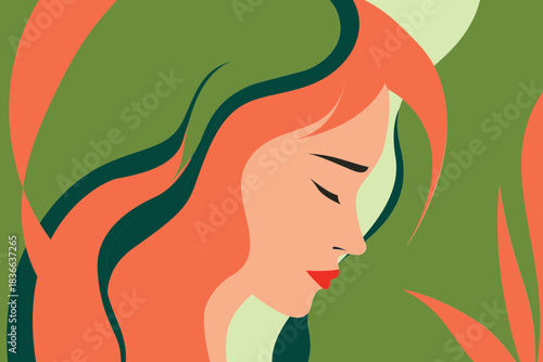 Elegant minimalist female profile illustration with long wavy orange hair and closed eyes on a soft green abstract background, modern flat vector art of serene woman, beauty and nature concept.