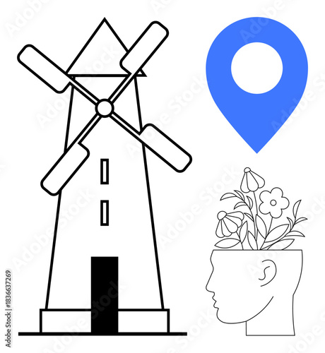 Black and white windmill, blue map marker, and head with plants convey sustainability, eco-consciousness, location, innovation, mental growth. Ideal for environment, mindfulness creativity