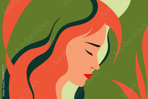 Elegant minimalist female profile illustration with long wavy orange hair and closed eyes on a soft green abstract background, modern flat vector art of serene woman, beauty and nature concept.