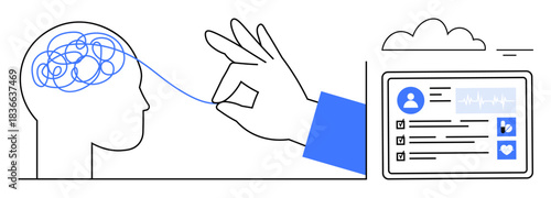 Mental clarity. A hand simplifying a tangled brain process while managing a digital profile. Mental clarity in problem-solving, decision-making, and digital profile management. Perfect