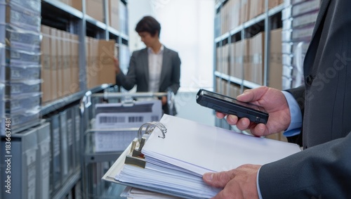 Archival staff organizing chronologic case files with scanner in legal storage