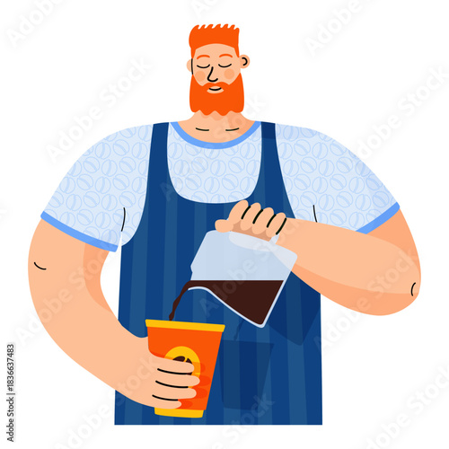 Hand-drawn vector of a red-haired, long-bearded barista brewing coffee with a V60 dripper. Ideal for café menus, coffee shop branding, web graphics, and various printed designs. Isolated on white.