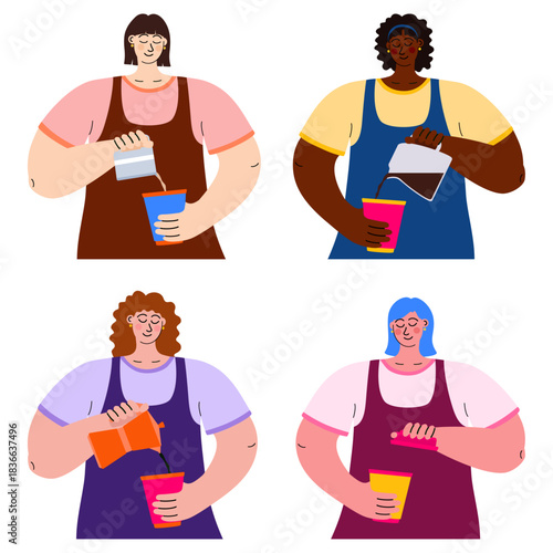 Hand-drawn vector set of female baristas preparing various coffee drinks. Ideal for café menus, coffee shop branding, web visuals, and printed materials. Isolated on a clean white background.