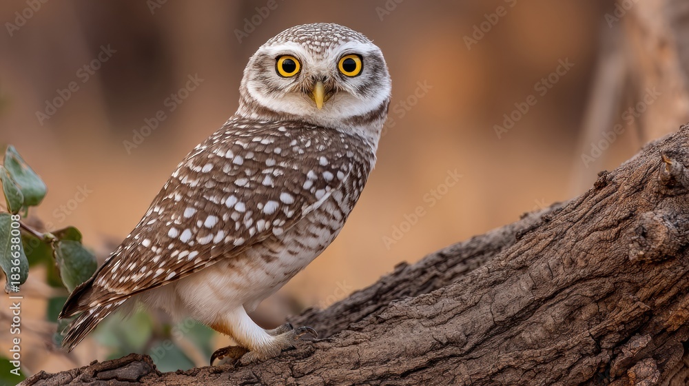 Fototapeta premium Owl Perched on Old Tree at Dusk Under Soft Light Symbolizing Wisdom in Greek Culture While Observing Surroundings Carefully During Evening Hours