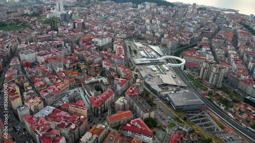 Aerial panorama view around the downtown in the harbor city Vigo in Spain on a cloudy summer afternoon.