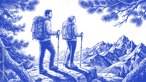 Couple hiking with backpacks and walking sticks on mountain ridge. Hand drawn modern vintage engraving style vector illustration on isolated transparent background