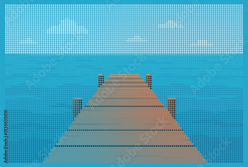 Halftone Dot Art Wooden Pier Ocean Landscape Vector Illustration Geometric Stipple Blue Sea Beach Dock Mosaic Pointillism Summer Vacation Background Design Pattern