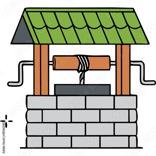 A charming illustration of a traditional wooden water well with a green shingled roof and a grey brick base set against a clean white background featuring a rope and crank mechanism