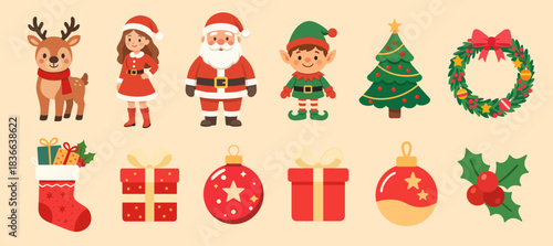 Christmas characters and objects illustrations set. Vector cartoon clipart for Christmas decorations.