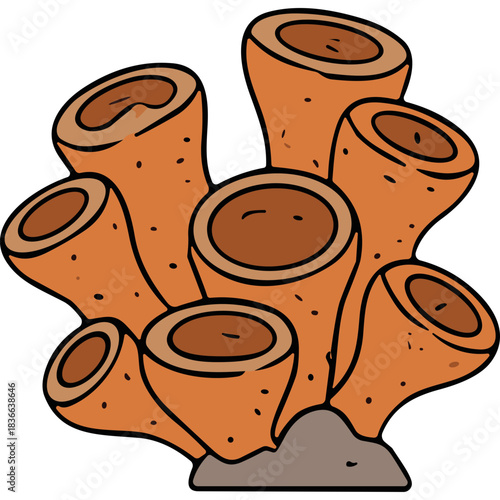 A cluster of orange tubular marine sponges with brown centers sits on a greyish rock against a black background with clear outlines and a cartoonish style