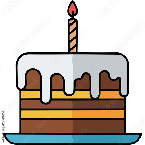 A Chocolate Cake With White Icing And A Single Candle On A Blue Plate