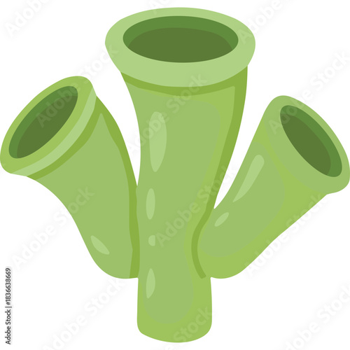 A cluster of three green tubular coral polyps with open tops growing from a central stalk against a transparent background creating a simple aquatic illustration.