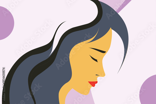 Elegant minimalist female profile illustration with long wavy dark hair and closed eyes on a soft pastel abstract background, modern flat vector art of serene woman, beauty, fashion and inner peace.