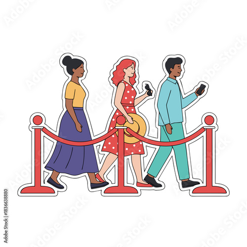 Diverse Group of People Walking in a Line Behind Stanchions with Red Ropes Attending an Event or Exhibition Outdoor Setting Daylight