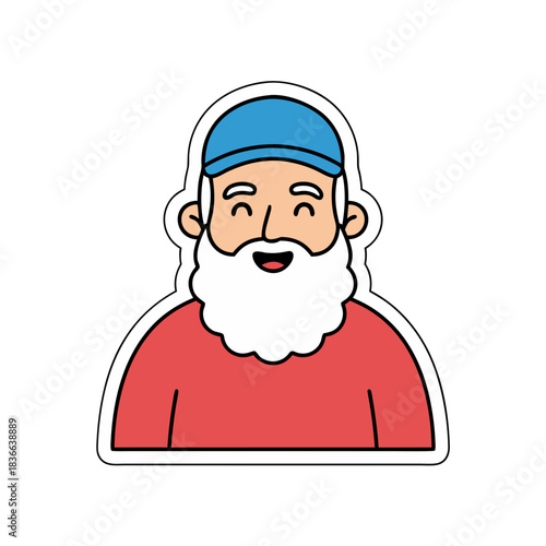 Elderly Man with White Beard and Mustache Wearing a Blue Cap and Orange Shirt Front View Happy Expression Neutral Background