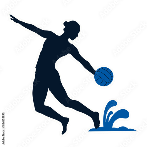 Dynamic Silhouette of a Water Polo Player in Action Against a Stark White Background with Blue Accents Illustrating a Powerful Throw and Splash