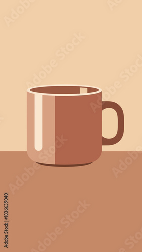 A brown mug with a handle sits on a surface.