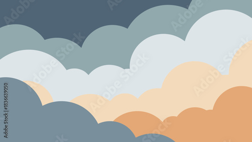 Abstract layered shapes in muted tones suggest clouds or hills.