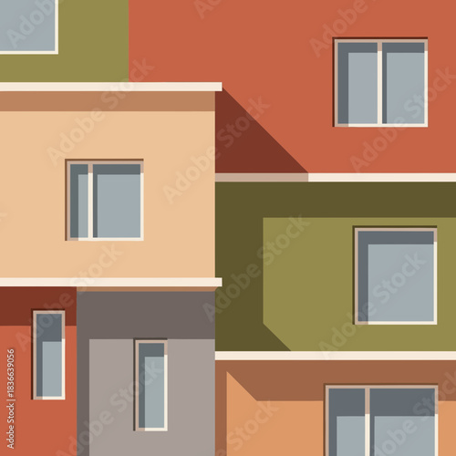 Abstract geometric pattern of building facades with windows.