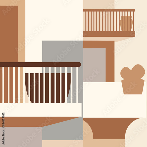 Abstract geometric shapes depicting balconies and planters.