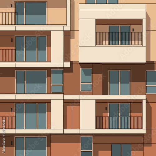 Modern apartment building facade with balconies and windows.