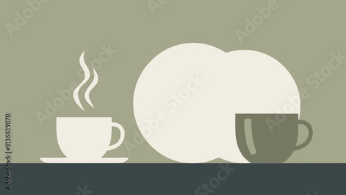 Two cups of steaming beverage and a large abstract shape.