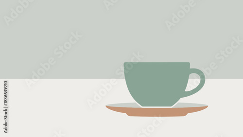A green cup and saucer are depicted in a minimalist style.