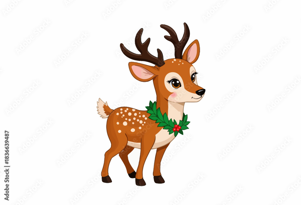 Fototapeta premium Illustration of a cheerful cartoon reindeer with a festive green wreath adorned with berries around its neck, showcasing a whimsical and playful holiday theme.