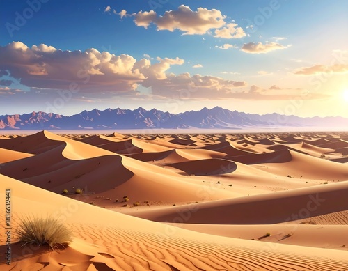 Fototapeta Naklejka Na Ścianę i Meble -  Vast desert landscape, undulating sand dunes under a blue sky