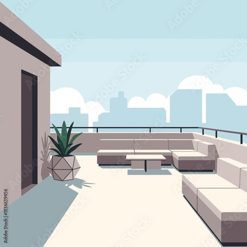 Rooftop patio with sectional sofa, coffee table, and potted plant.