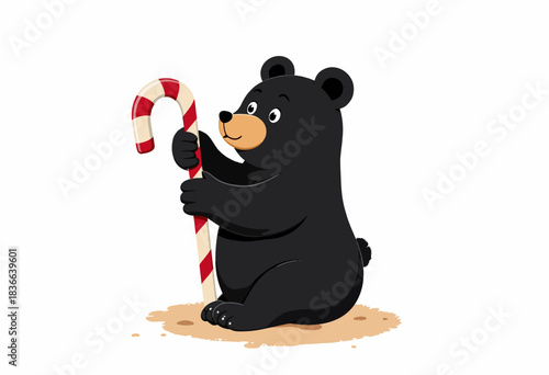 Adorable Black Bear Joyfully Clutches Playful Candy Cane in Festive Winter Wonderland Illustration