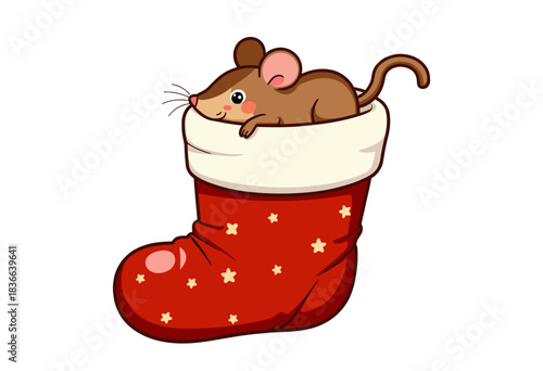 Adorable cartoon mouse peeking playfully from a red festive stocking adorned with stars designed for cheerful holiday scenes