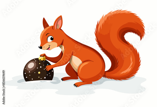 Cartoon Squirrel Interacting with Large Nut in Whimsical Winter Setting with Playful Expression and Snowy Background