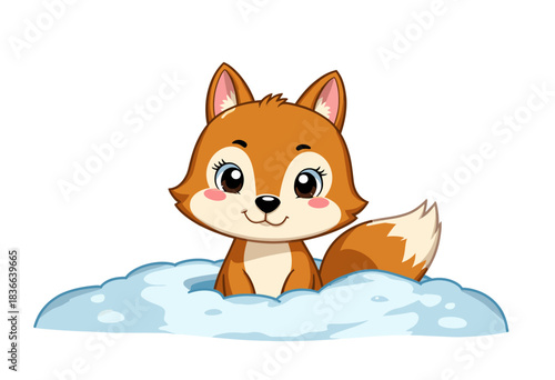 Adorable Cartoon Fox Playfully Emerging from Fluffy Blue Cloud with Cute Expression and Bright Eyes in a Whimsical Illustration