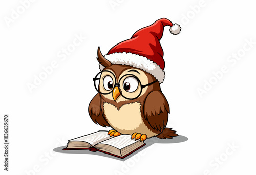 Illustration of a cute cartoon owl wearing a Santa hat and glasses, intently reading an open book on a white background, embodying holiday wisdom and charm