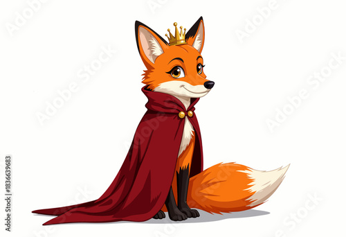 Whimsical Cartoon Fox Wearing a Regal Red Cape and Golden Crown Illustration on a White Background