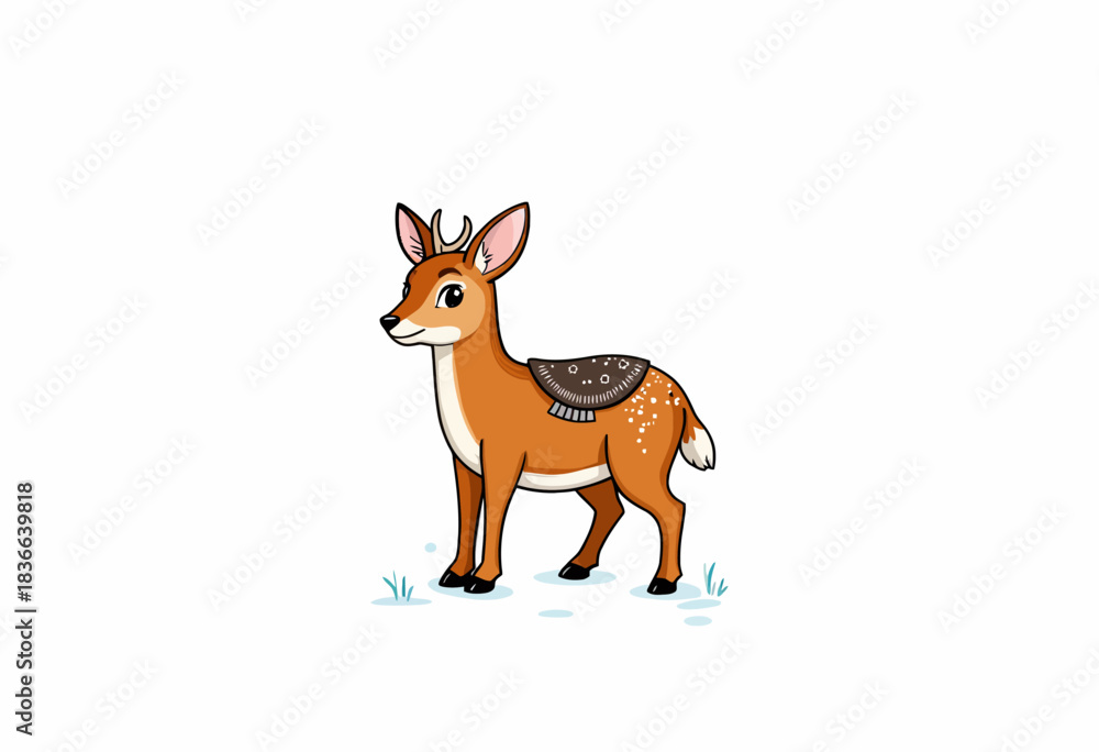 Obraz premium Charming Cartoon Deer Illustration with Saddle on Snowy Ground in Minimalist Winter Setting