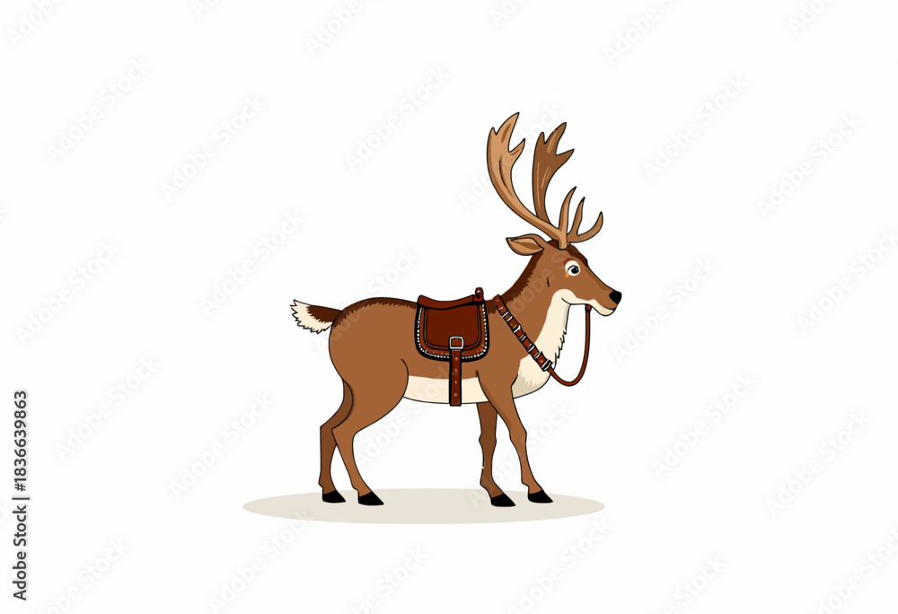 Fototapeta premium Illustration of a Standing Reindeer Decorated with a Saddle and Harness Enthusiastically Poised on a Simple Background Showcasing Its Majestic Antlers