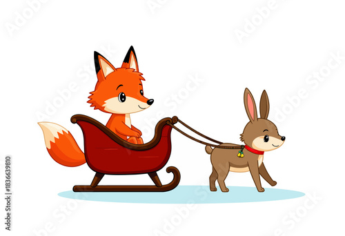 Illustration of a Fox Cheerfully Riding a Sleigh Pulled by a Determined Bunny on a Snowy Adventure
