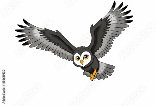 Illustration of a Cartoon Owl Soaring with Extended Wings in a Dynamic Aerial Pose Against a Clean White Background