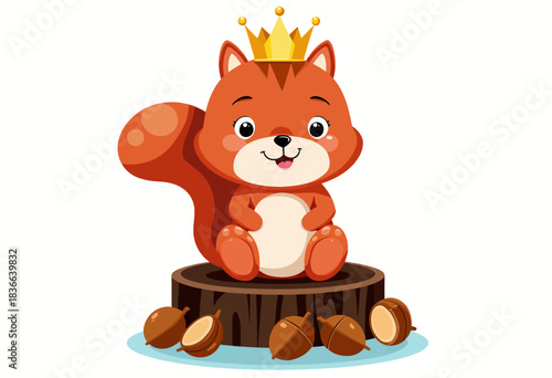Adorable Cartoon Squirrel Wearing Golden Crown Sitting on Tree Stump Surrounded by Acorns in Charming Forest Scene